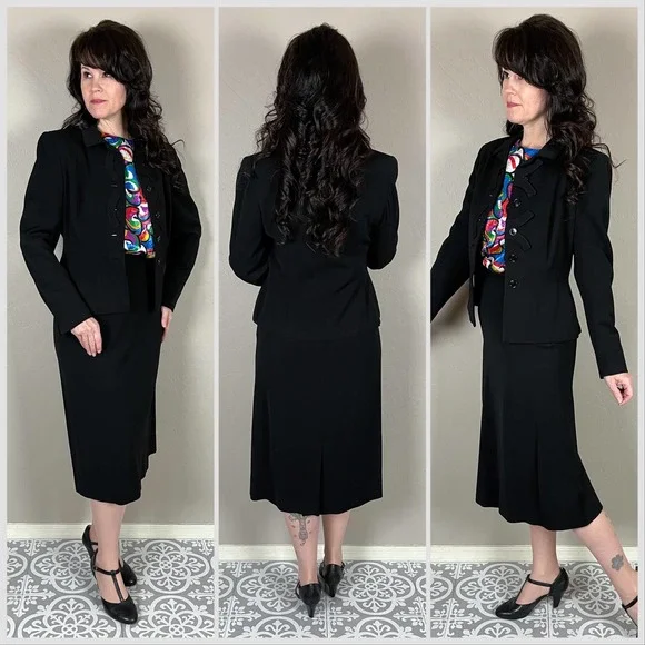 Vintage 1940s/50s Black Wool 2-Piece Skirt Suit